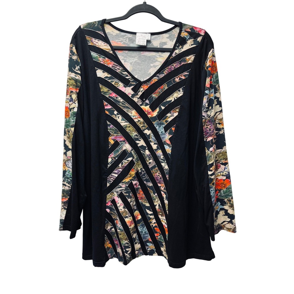 Parsley & Sage Tunic Top 2X Black Floral Mixed Media Flowy Whimsigoth Nature